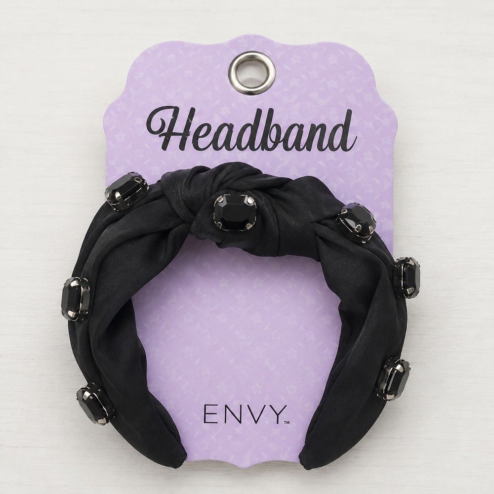 Knotted Headband Black Satin Faux Black Rhinestones